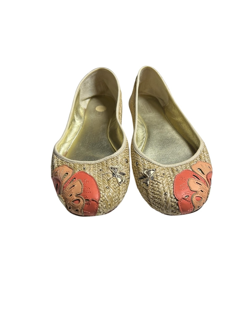 Coach Raffia Ballet Flats Beige Woven Leather Floral Butterfly Dragonfly Whimsy - Picture 4 of 11